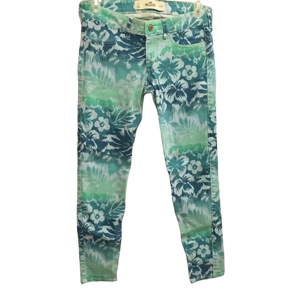 Hollister Teal Blue Tropical Floral Print Low Rise Crop Jeggings Juniors 3 Y2K‎